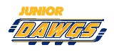 Junior Dawgs Yellow Left copy Junior Dawgs logo in yellow and blue with two hockey sticks around the word